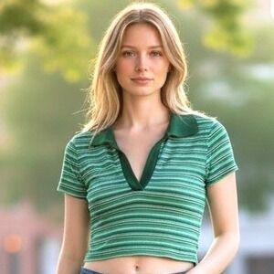 Rue21 Womens Small Polo Shirt Ribbed Knit Green Striped V Neck Cropped Y2K Retro